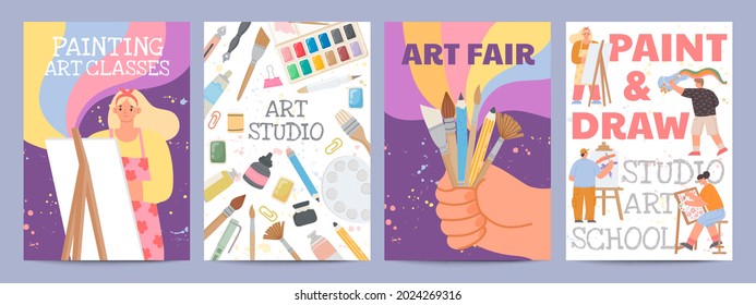 Art school or classes posters with characters and painting supply. Creative drawing course banners with paint brush and material vector set. Illustration of artist painting school banner