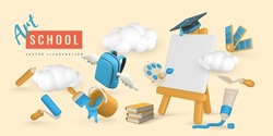 Art School Concept. 3d Realistic Easel, Paint Tube, Brush, Roller Brash, Color Palette, Pencil, Tin Of Paint, Book, Alarm Clock, Graduation Cap And Diploma In Cartoon Style. Vector Illustration.