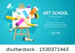 Art School Concept Banner Horizontal with Realistic Detailed 3d Elements Elements Include of Paintbrush and Pencil. Vector illustration