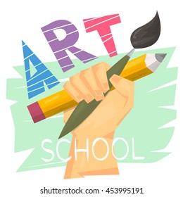 Art school concept. Hand holding big pencil and brush. Ready logo or banner for art lesson. Modern art. Vector illustration