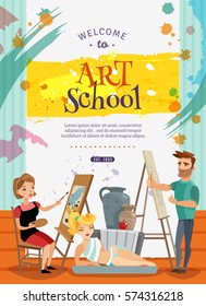 Art school courses on painting and graphic design creative cartoon invitation poster with live model vector illustration