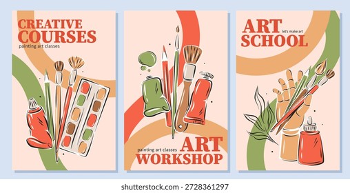 Art school, Creative courses,Art workshop. Set poster with art supplies, creative hobby accessories. Vector illustration for banner, cover, advertisement.