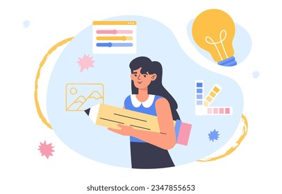 Art school education concept. Woman with large pencil and palette chooses colors of geometric shapes. Artist and graphic designer. Training and learning. Cartoon flat vector illustration