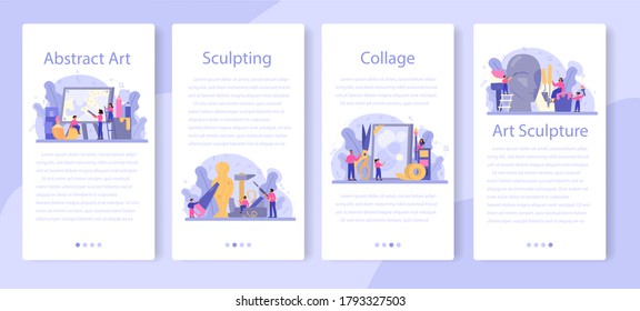Art School Schulbildung mobile Applikationsbanner Set. Student, der Kunstwerkzeuge hält. Künstler lernen Kinder zu zeichnen und Handwerk. Malerei, Skulptur und Kunsthandwerk. Einzelne flache Vektorgrafik