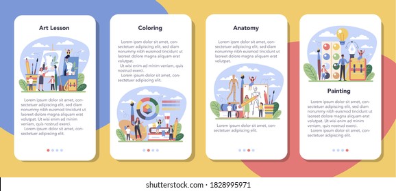 Art school education mobile application banner set. Student holding a brush and paints. Artist learning kids to draw. Coloring and anatomy painting lesson. Isolated flat vector illustration