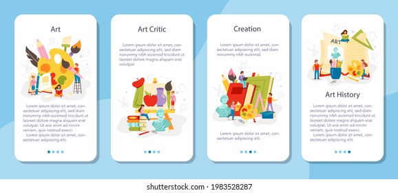 Art school education mobile application banner set. Student holding art tools. Artist studying kids to draw and craft. Painting, sculpting and crafting. Isolated flat vector illustration