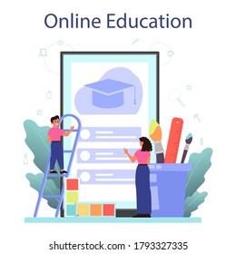 Art school education online service or platform. Student holding a brush and paints. Artist learning kids to draw. Digital and classic painting. Online education. Isolated flat vector illustration