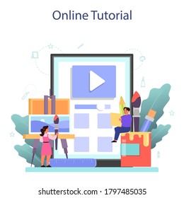 Art school education online service or platform. Student holding a brush and paints. Artist learning kids to draw. Digital and classic painting. Online tutorial. Isolated flat vector illustration
