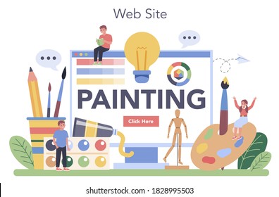 Art School Education Online Service Or Platform. Student Holding A Brush And Paints. Artist Learning Kids To Draw. Website. Isolated Vector Illustration