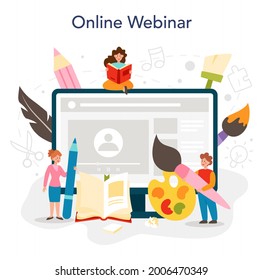 Art School Education Online Service Or Platform. Student Holding Art Tools. Artist Studying Kids To Draw And Craft. Online Webinar. Flat Vector Illustration