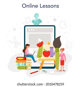 Art school education online service or platform. Student holding art tools. Artist studying kids to draw and craft. Online lesson. Flat vector illustration