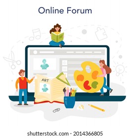 Art school education online service or platform. Student holding art tools. Artist studying kids to draw and craft. Online forum. Flat vector illustration