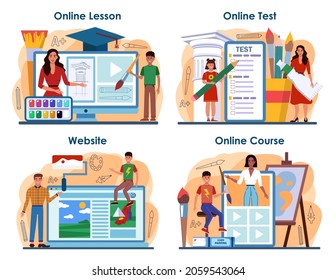 Art school education online service or platform set. Student learning how to draw. Painting and coloring classes, plain air. Online lesson, test, course, website. Flat vector illustration