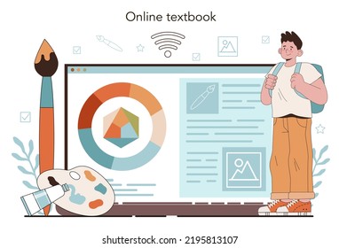 Art school education online service or platform. Student holding art tools, painting, scetching and coloring classes. Online textbook. Flat vector illustration