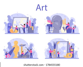 Art school education set. Student holding art tools. Artist learning kids to draw and craft. Painting, sculpting and crafting. Isolated flat vector illustration