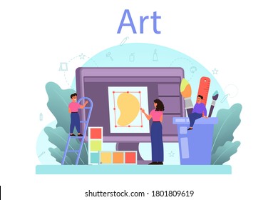 Art school education. Student holding a brush and paints. Artist learning kids to draw. Digital and classic painting. Isolated flat vector illustration