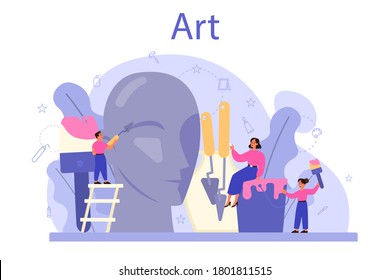 Art school education. Student holding art tools. Artist learning kids to draw and craft. Painting, sculpting and crafting. Isolated flat vector illustration