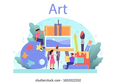 Art school education. Student holding a brush and paints. Artist learning kids to draw. Digital and classic painting. Isolated flat vector illustration