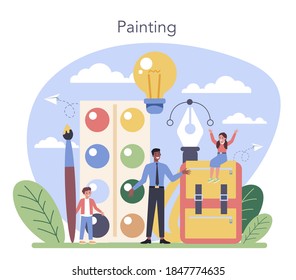 Art school education. Student holding a brush and paints. Artist learning kids to draw. Digital and classic painting. Isolated flat vector illustration