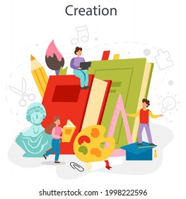 Art school education. Student holding art tools. Artist studying kids to draw and craft. Painting, sculpting and crafting. Isolated flat vector illustration