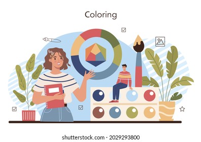 Art school education. Student holding art tools learning how to draw and craft. Coloring classes. Isolated flat vector illustration