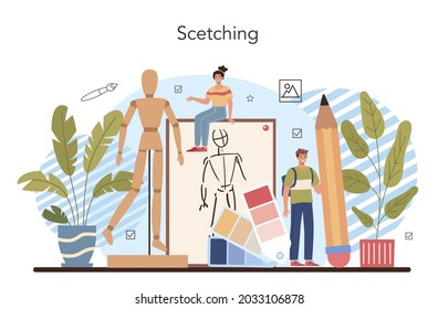 Art school education. Student holding art tools learning how to draw and craft. Scetching classes. Isolated flat vector illustration