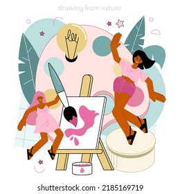 Art school education. Student holding art tools learning how to draw with different tools. Painting and coloring classes, plain air. Flat vector illustration