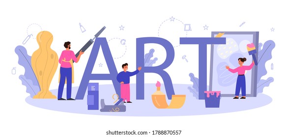 Art school education typographic header. Student holding art tools. Artist learning kids to draw and craft. Painting, sculpting and crafting. Isolated flat vector illustration