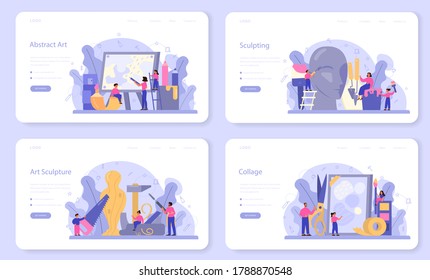 Art school education web banner or landing page set. Student holding art tools. Artist learning kids to draw and craft. Painting, sculpting and crafting. Isolated flat vector illustration