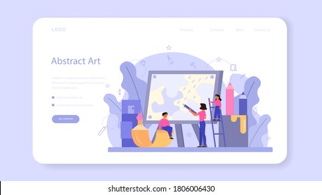Art school education web banner or landing page. Student holding art tools. Artist learning kids to draw and craft. Painting, sculpting and crafting. Isolated flat vector illustration