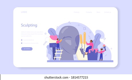 Art school education web banner or landing page. Student holding art tools. Artist learning kids to draw and craft. Painting, sculpting and crafting. Isolated flat vector illustration