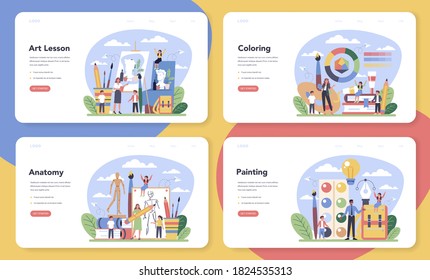 Art School Education Web Banner Or Landing Page Set. Student Holding A Brush And Paints. Artist Learning Kids To Draw. Coloring And Anatomy Painting Lesson. Isolated Flat Vector Illustration