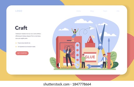 Art school education web banner or landing page. Student holding art tools. Teacher learning kids to craft. Modeling, sculpting and sewing. Isolated flat vector illustration