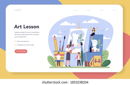 Art school education web banner or landing page. Student holding a brush and paints. Artist learning kids to draw. Coloring and anatomy painting lesson. Isolated flat vector illustration