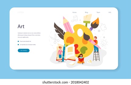 Art school education web banner or landing page. Student holding art tools. Artist studying kids to draw and craft. Painting, sculpting and crafting. Isolated flat vector illustration