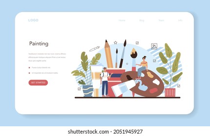 Art school education web banner or landing page. Student holding art tools learning how to draw and craft. Painting, scetching and coloring classes. Isolated flat vector illustration