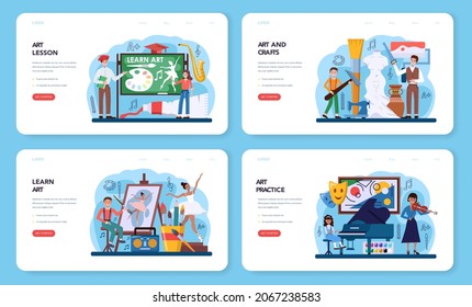 Art school education web banner or landing page set. Student holding art tools learning how to draw and craft. Music instrument playing, dancing, acting and sculpting classes. Flat vector illustration