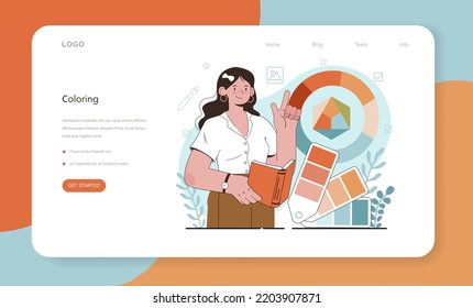 Art school education web banner or landing page. Student holding art tools learning how to draw and craft. Painting, scetching and coloring classes. Flat vector illustration