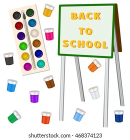 Art school elements. Back to school text on the easel. Brush , watercolor and gouache drawing learning children. Vector illustration