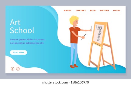 Art school homepage on website. Site with navigation menu to learn information about education. Boy stand near easel and drawing woman on canvas using pencil. Vector illustration in flat style