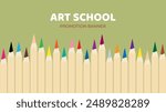 Art school horizontal banner design. Creative drawing school, advertising web background. Artistic promotion template. Flat vector illustration