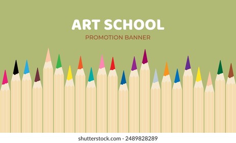 Art school horizontal banner design. Creative drawing school, advertising web background. Artistic promotion template. Flat vector illustration