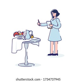 La Escuela De Arte Creatividad Humana Y Talentos. Personajes Femeninos Pintando La Vida De Frutas, Vidrio Y Salto Sobre La Mesa. Los Artistas Dibujan Fotos Sobre Las Combustibles. Ilustración del vector plano de contorno lineal de caricatura