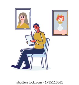 Art School Human Creativity And Talents. Male Character Painting Portrait At Art School Using Notebook And Pencil. Artist Paints Pictures In Album. Cartoon Linear Outline Flat Vector Illustration