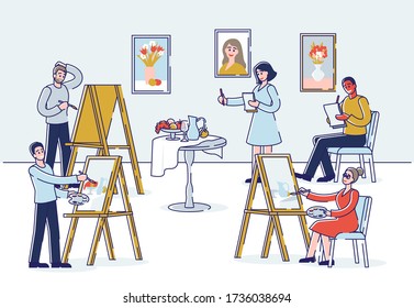 Art School Human Creativity And Talents. People Study To Paint People Portraits At Art School With Watercolor. Artists Paint Pictures On Easels. Cartoon Linear Outline Flat Style. Vector Illustration