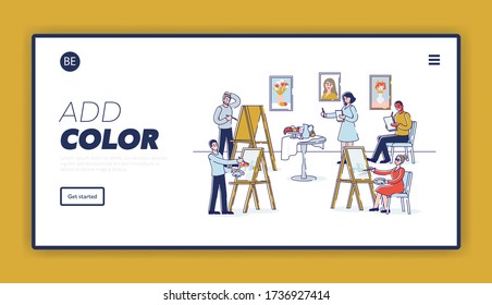 Art School Human Creativity And Talents. Website Landing Page. People Study To Paint People Portraits At Art School With Watercolor. Web Page Cartoon Linear Outline Flat Style. Vector Illustration