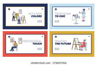 Art School Human Creativity, Talents. Website Landing Page. Men And Women Artists Study To Paint Portraits And Still Lifes At Art School. Web Page Cartoon Linear Outline Flat Vector Illustrations Set