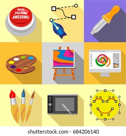 Art school icons set, flat style