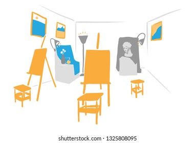 Art school interior with easels, still life, sculpture, paintings and lamps.Vector illustration  