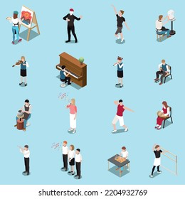 Art school isometric set with adults and teenagers playing musical instruments dancing doing pottery singing isolated on light blue background vector illustration